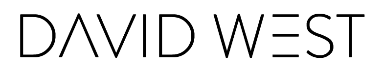The image shows the text "DAVID WEST" in a bold, sans-serif font, with a black and white color scheme, appearing as a logo or nameplate.